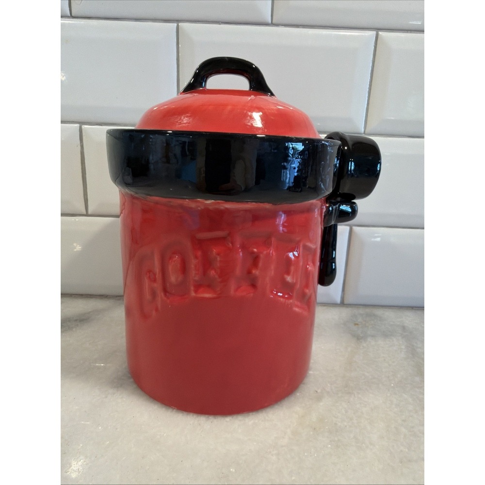 Vintage Red Ceramic Pottery coffee Canister With Side Measurement Cup OLA